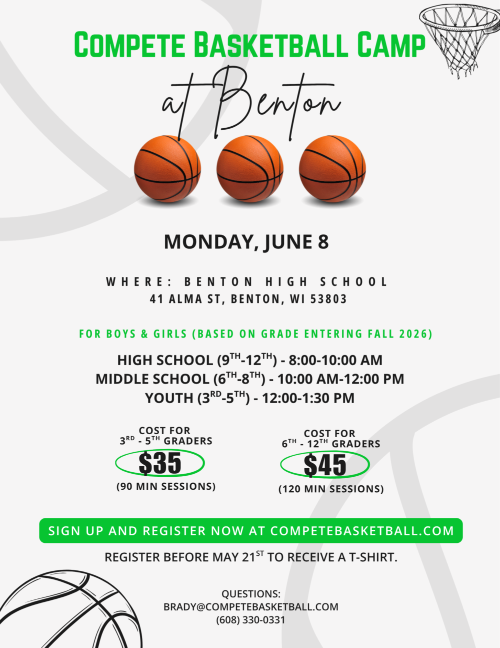 Poster promoting 'Compete Basketball Camp at Benton' with three basketballs and bold green title.