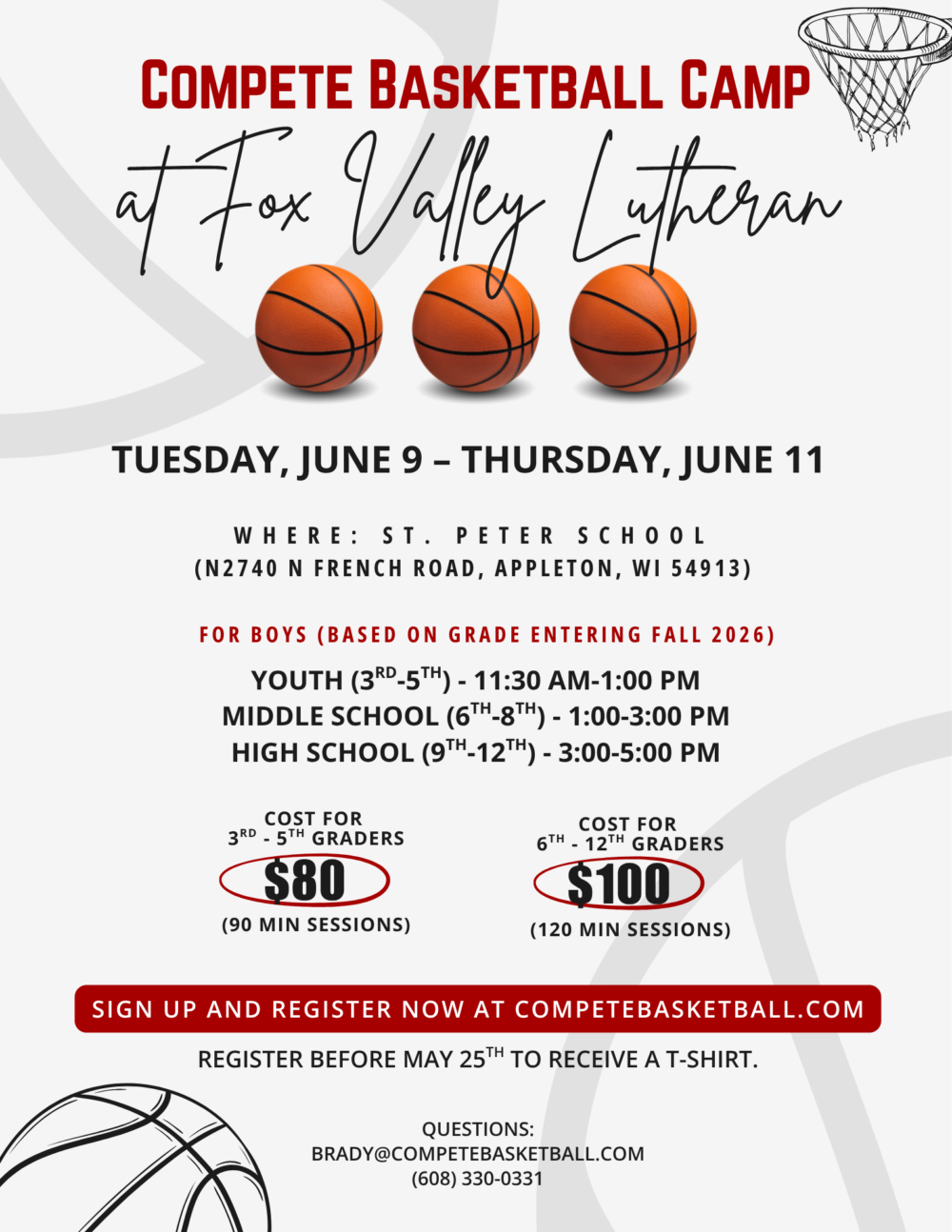 Promotional poster for Compete Basketball Camp at Fox Valley Lutheran, June 9–11, at St. Peter School in Appleton, with basketball graphics.