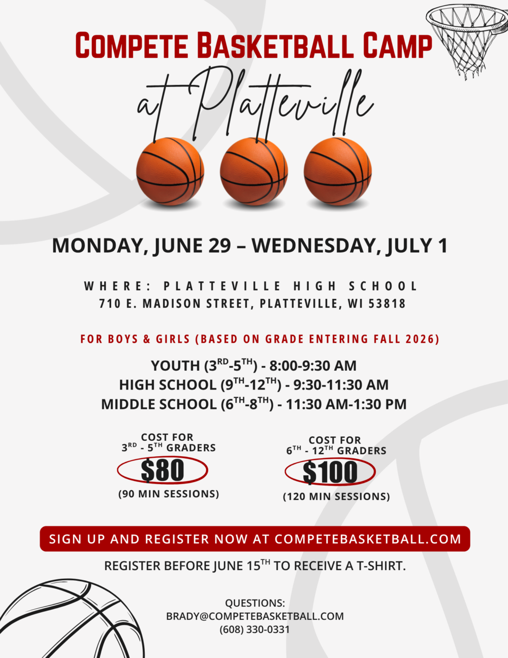 Poster advertising a basketball camp at Platteville High School with three basketballs and dates June 29–July 1, 2026 (camp info shown).