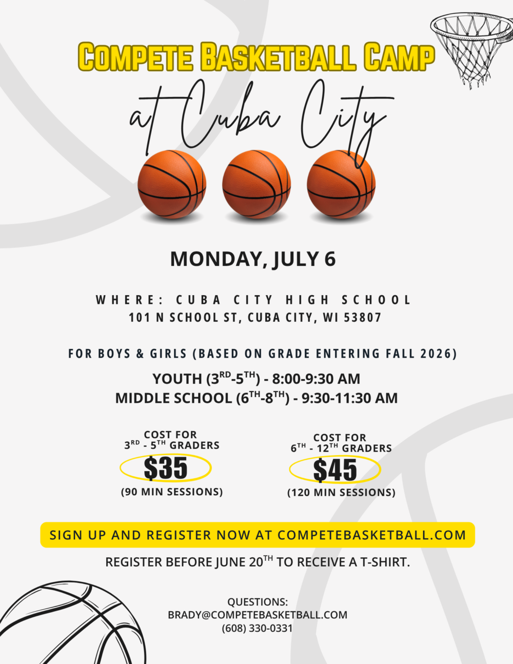 Poster for 'Compete Basketball Camp at Cuba City' with three basketballs and a basketball hoop in gray background.