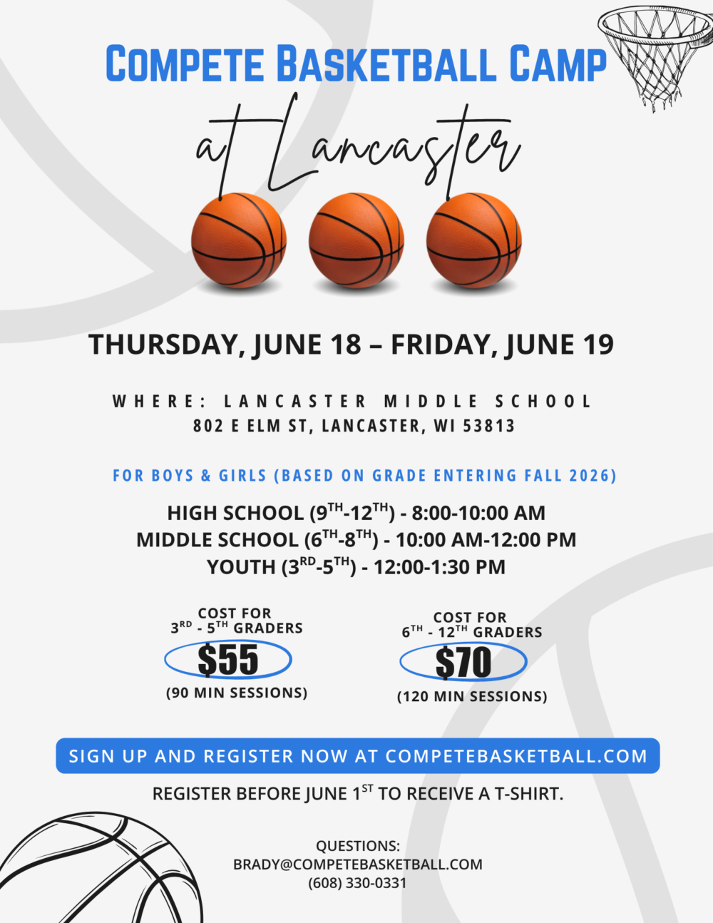 Lancaster Updated - Compete Camp Poster advertising 'Compete Basketball Camp at Lancaster' with three basketballs and a hoop, dates June 18–19 in Lancaster, WI.