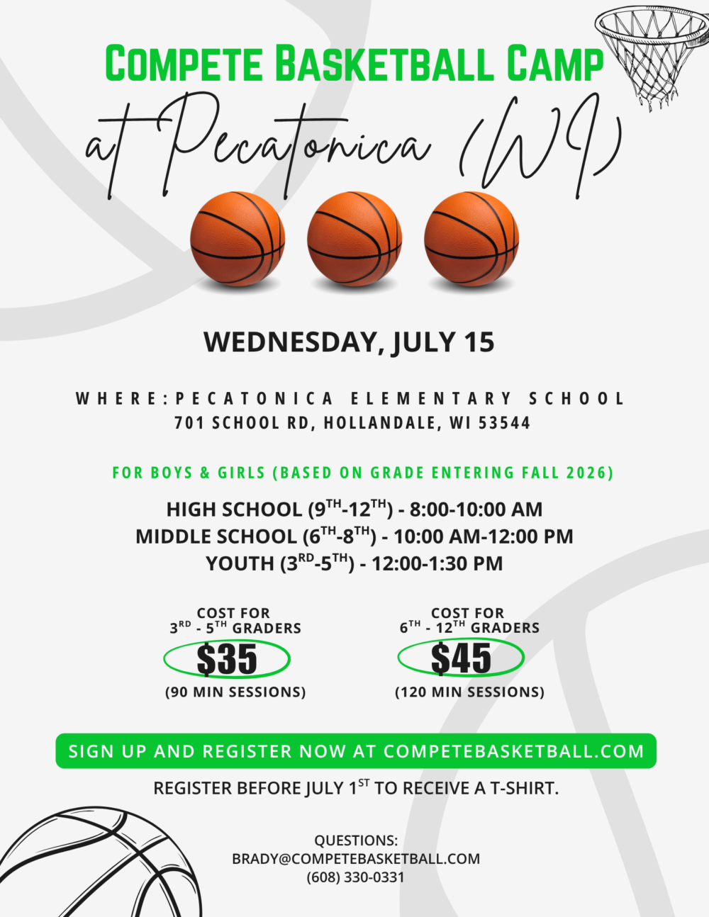 Poster for a basketball camp: Compete Basketball Camp at Pecatonica (WI) with three basketballs and a hoop image in the corner.