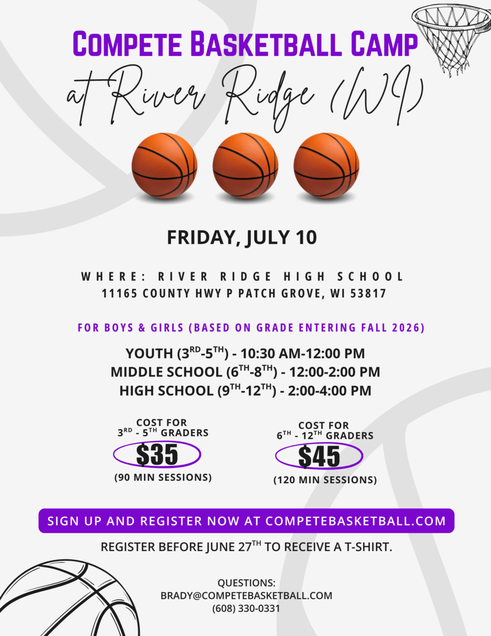 Promotional flyer for a basketball camp titled 'Compete Basketball Camp' at River Ridge (WI) with three basketballs and date info.