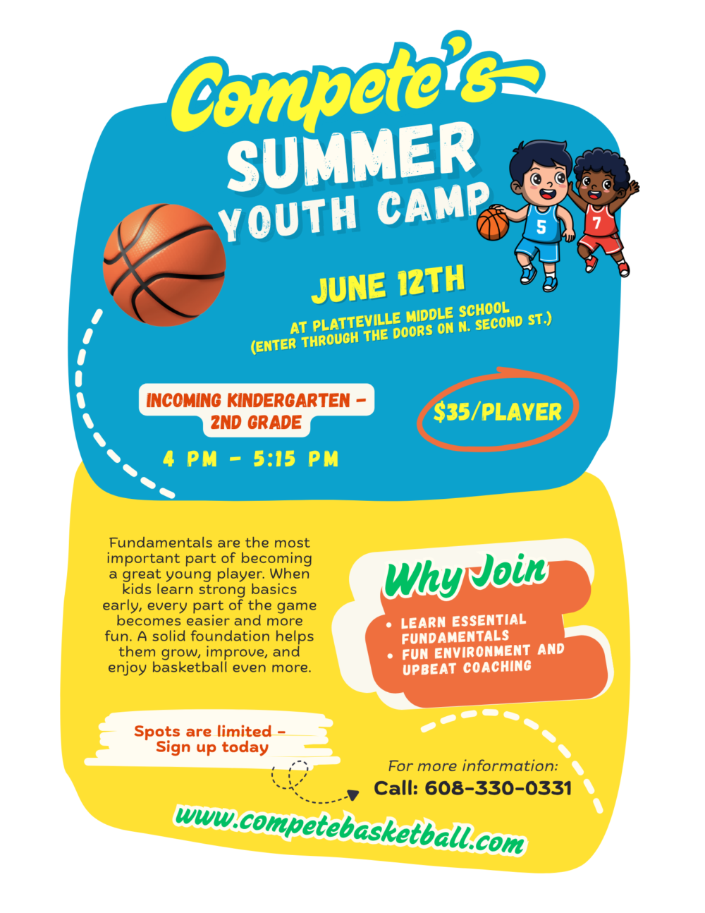 Bright blue event poster for Compete's Summer Youth Camp with a basketball, two cartoon kids, date June 12 and $35 per player.