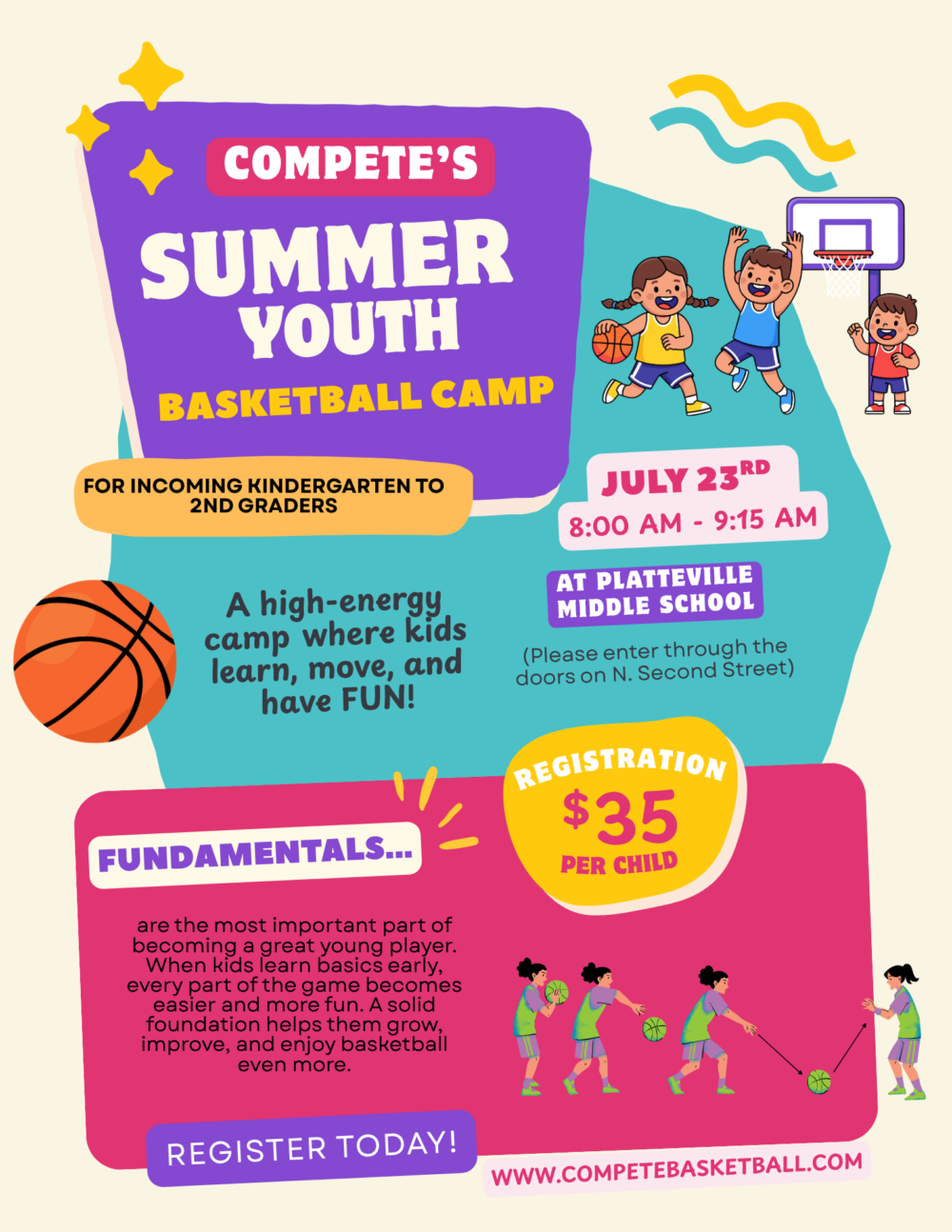 Poster promoting Compete's Summer Youth Basketball Camp for incoming kindergartners to 2nd graders.