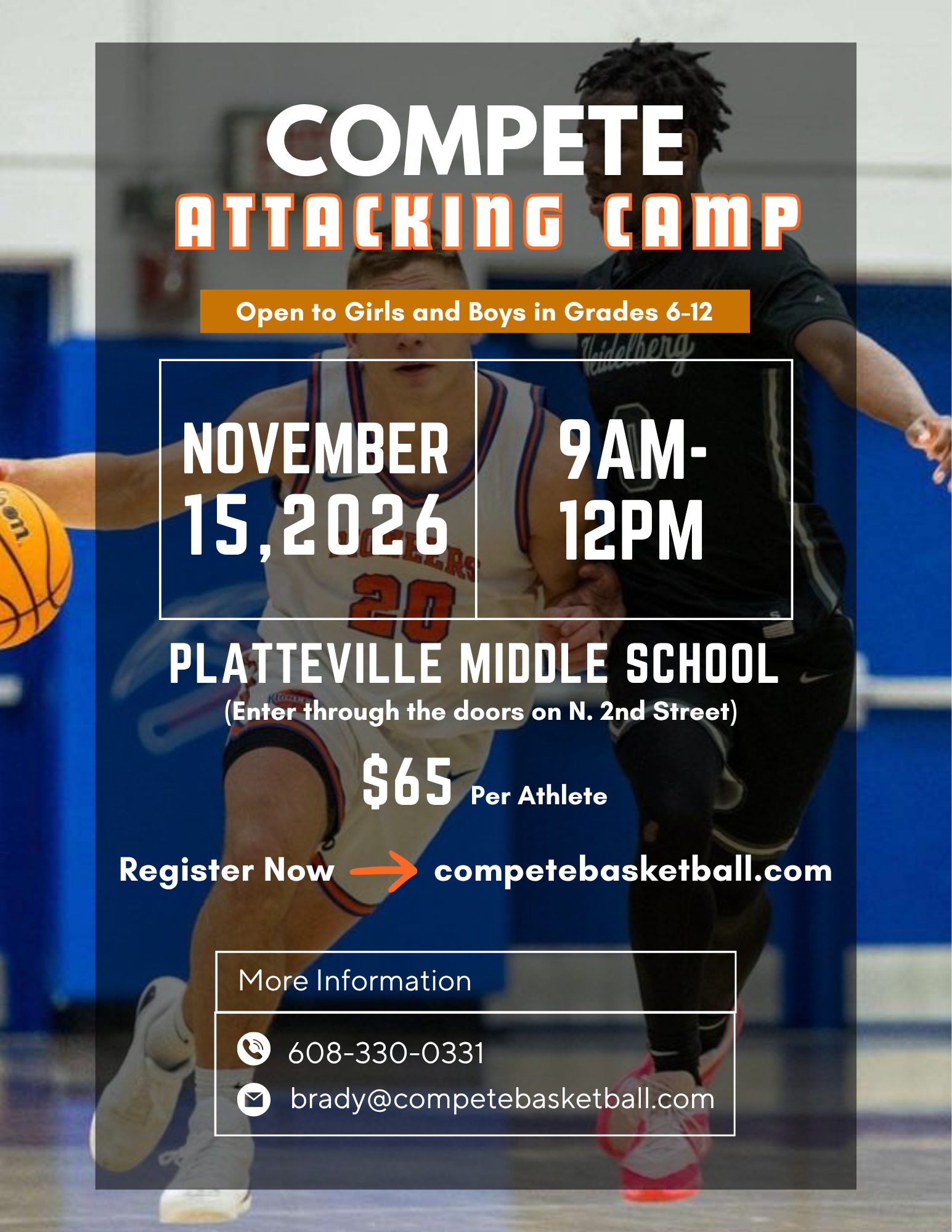 Compete Attacking Camp poster promoting grades 6–12, with date November 15, 2026 and 9 AM–12 PM details at Platteville Middle School.
