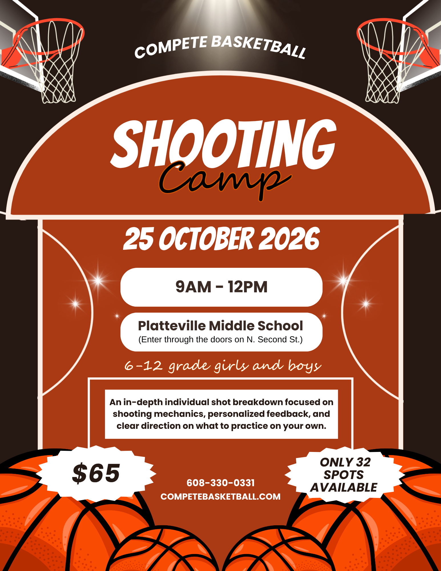 Poster advertising a basketball shooting camp: 'SHOOTING Camp,' date 25 October 2026, 9AM–12PM at Platteville Middle School for grades 6–12 (girls and boys).