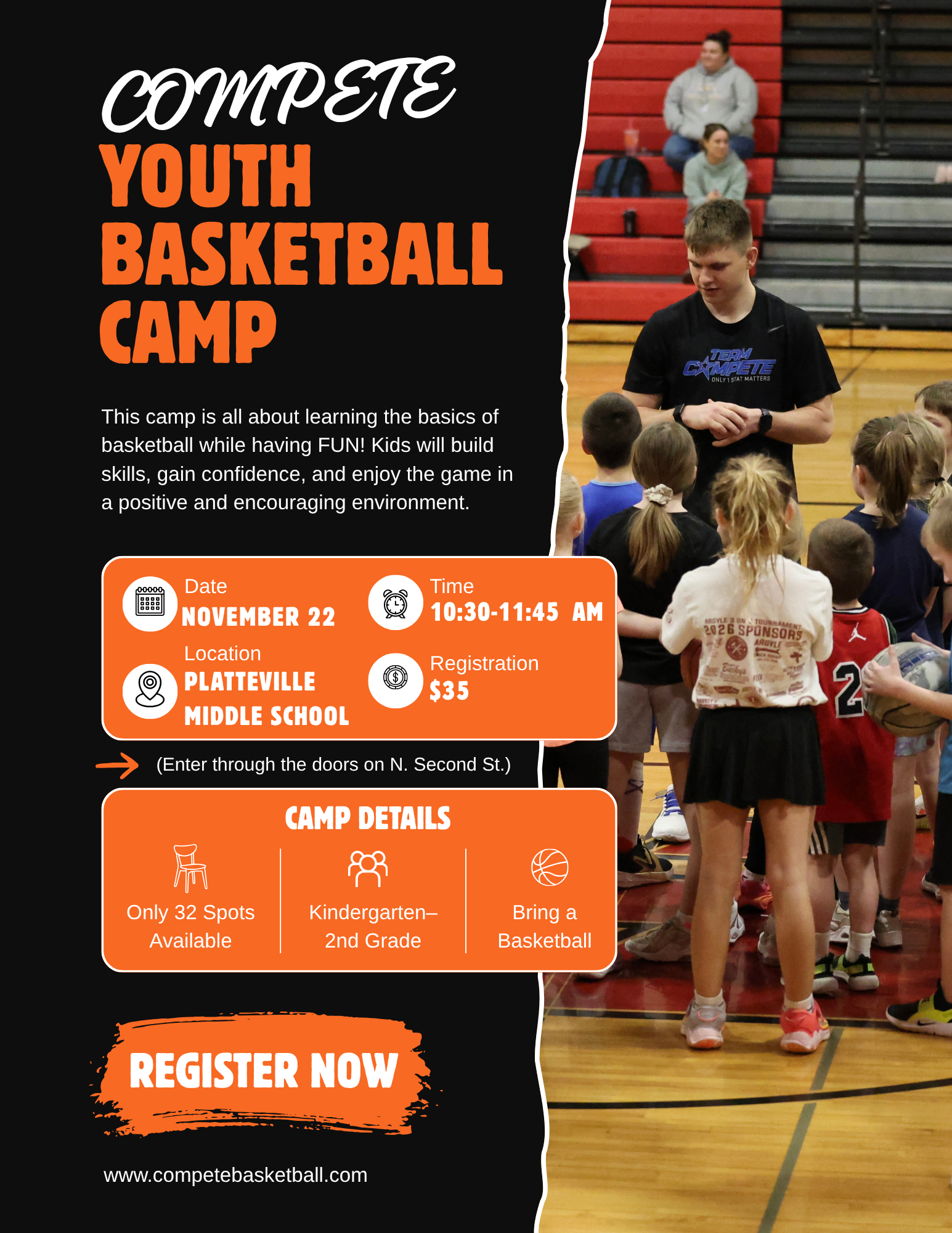 Banner promoting 'Compete Youth Basketball Camp' with a black left panel and an action photo on the right showing a coach speaking to kids in a gym.